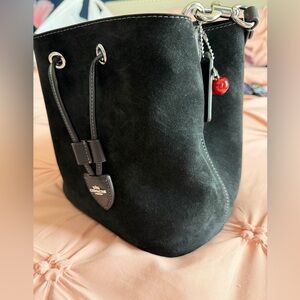 Coach Rowan Black Suede Bag with Cherry Charm